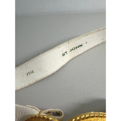 St John Vintage 80s Wide White Leather Belt Gold Medallion Pearl Charms 4 S St John Vintage 80s Wide White Leather Belt Gold Medallion  main image 2
