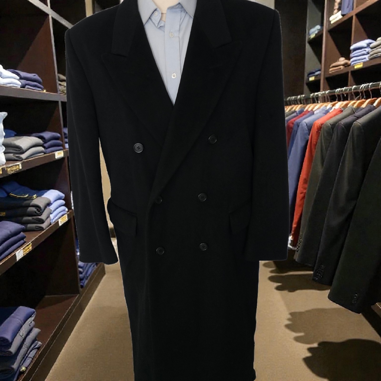 Vintage Double Breasted Peak Lapel Wool Overcoat 44r