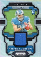 Sam LaPorta relic jersey patch football card 2023 Panini Prizm Rookie RC #PJSL. rookie card picture
