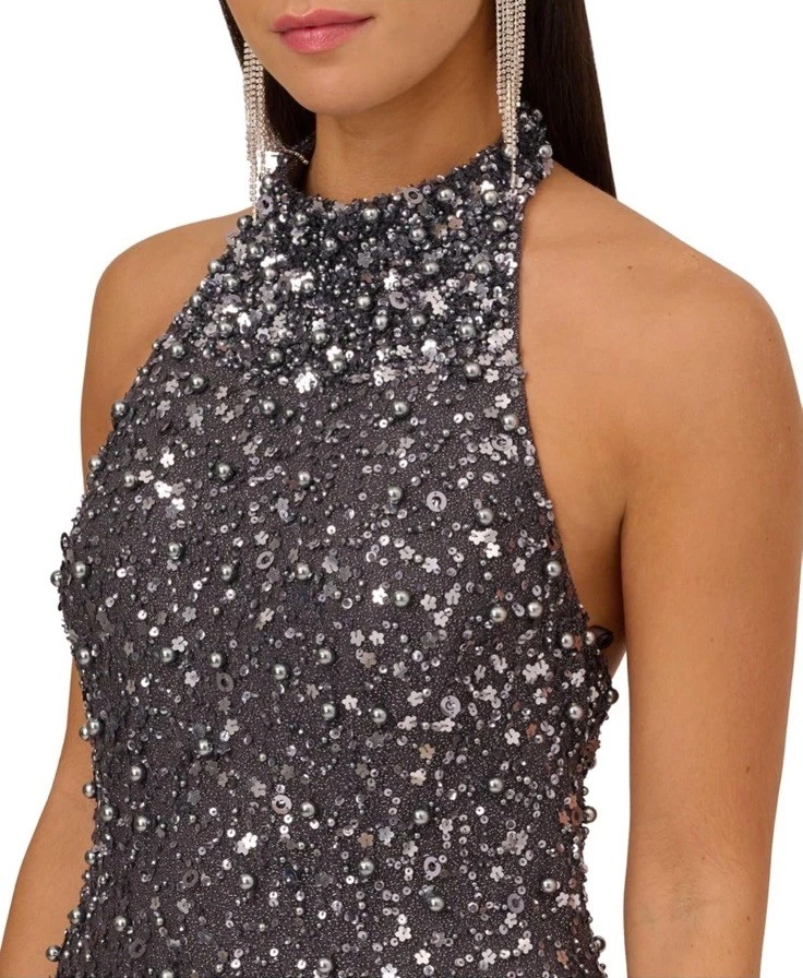 Vestido de cóctel halter de lentejuelas con cuentas gris talla 2 de Aidan Adrianna Papell regreso a casa Foto 4 de 4