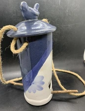 Vintage HANDMADE Pottery BIRD Finch FEEDER 2 Perch Blue White Flowers DRIP GLAZE