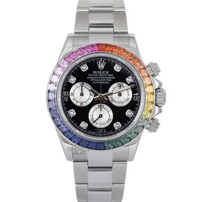 Rolex Daytona 116520 Chronograph Steel 40mm Rainbow Bezel Black Diamond Dial