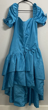 Vintage Handmade 1980s Blue Ruffled Puff Sleeve Prom Dress-Bows Drop Waist