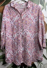 Chicos Size 3 US XL Floral Paisley 100% Linen Button Front 3/4 Sleeves Shirt