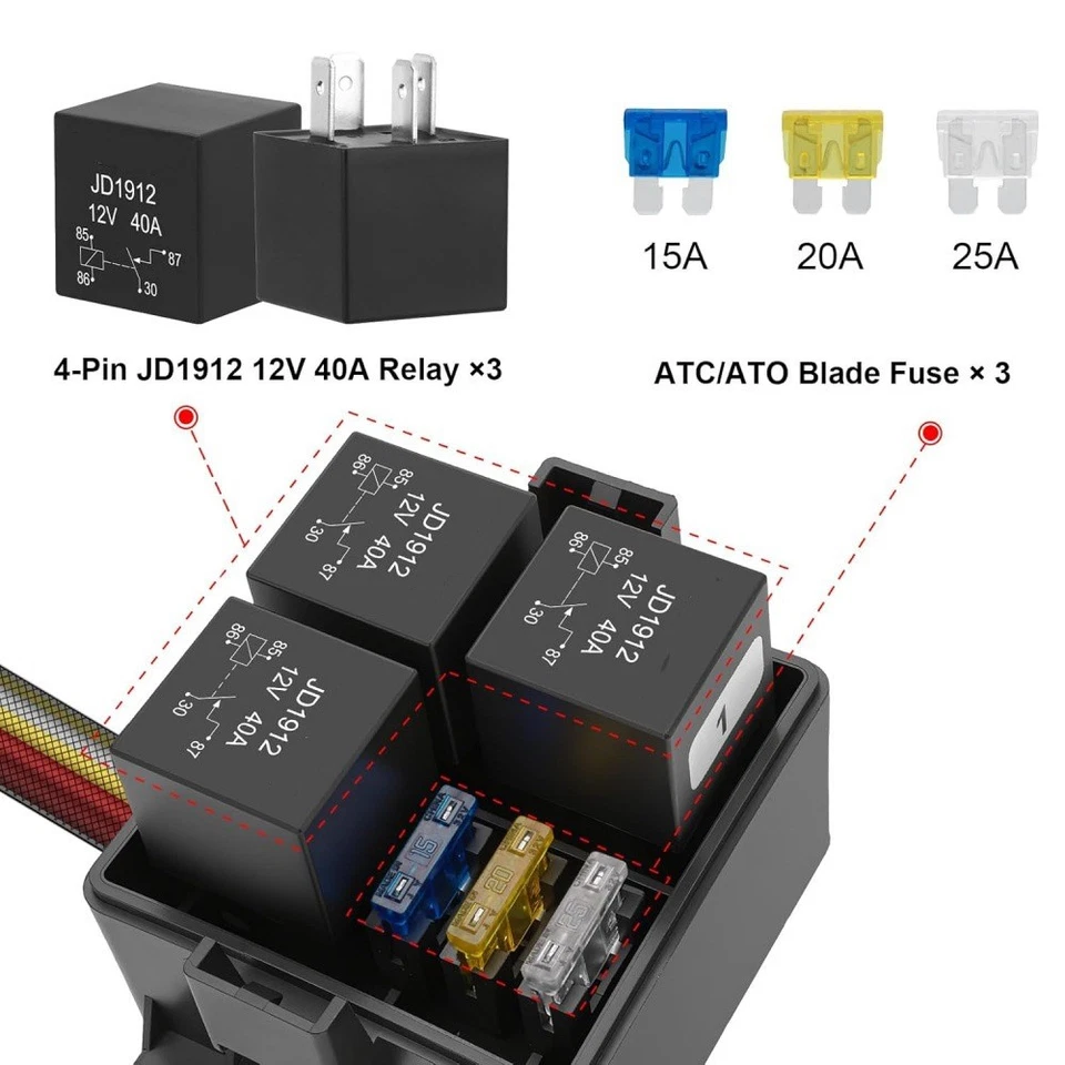 12V 3 Way Pre-Wired Fuse Relay Box With 3pcs Blade Fuses & 4-Pin 3pcs 40A Relay - Image 3 of 4