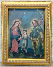 Antique Mexican Retablo Holy Family Jesus Mary Joseph c1850 Oil on Tin Folk Art