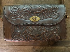 Vintage Tooled Brown Leather Hand Bag Western Boho Brass Closure