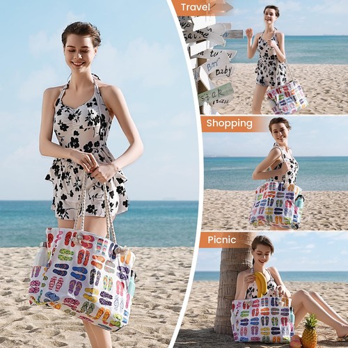 Beach Bag for Women - Large Beach Tote, Waterproof Sandproof Beach Bag with Z... - Picture 7 of 8
