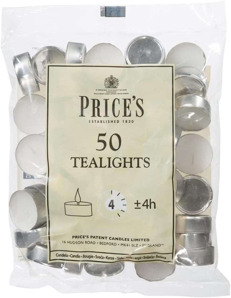 Prices Patent Candles White Tealights 50 Pack Unscented Wax 3.8cm x 1.8cm