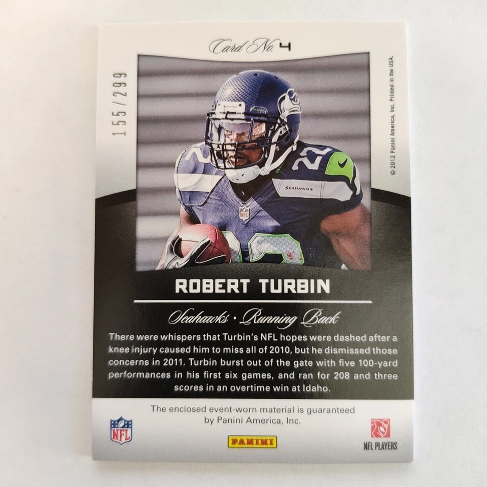 2012 Certified Robert Turbin RC #4 Certified Skills Patch /299 Game Worn - Image 2 of 2