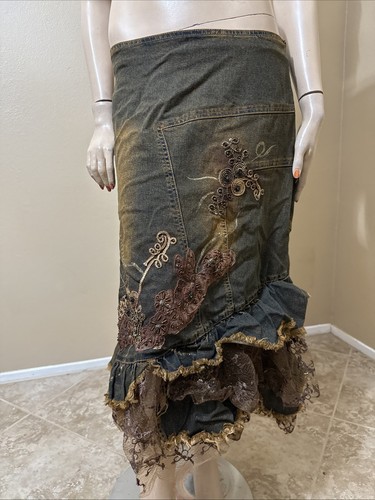 Women’s Brown Gold Denim Cotton Zip Bead Embroidered Size XL(10-12) Skirt 9016