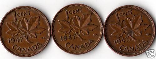 3 Varieties Of 1947 Canada Small Cent Penny.