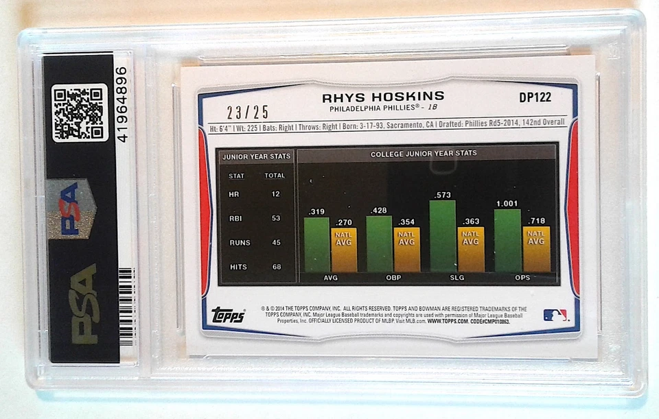 RHYS HOSKINS 2014 BOWMAN DP PSA10 ORANGE ICE #23/25 POP 3 #DP122  - Image 2 of 2