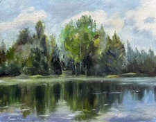 Lake Painting Landscape ORIGINAL Art Small Trees Oil Artwork 8x10 by Muura