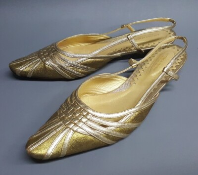 Bottega Veneta Gold Slingback Pointed Toe Slip On Flat Women Shoes 