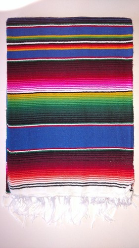 Saltillo Sarape Deep Blue mit bunten weißen Fransen Southwest Aztec XL - Bild 2 von 7
