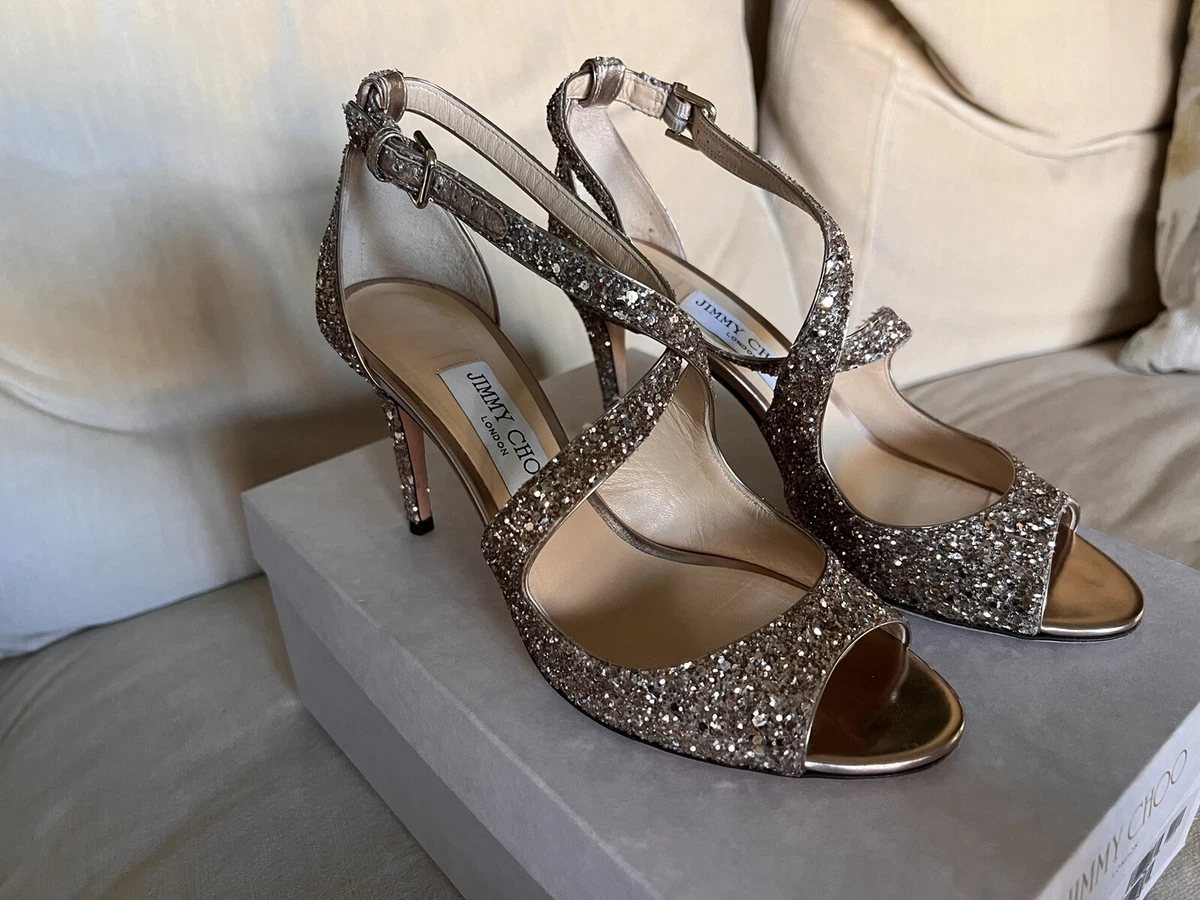 JIMMY CHOO Emily 85 Crisscross Heel Sandal Shadow Coarse Glitter EU 37.5 US 7.5