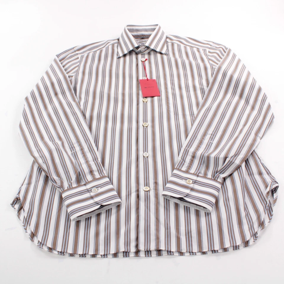 Camisa de vestir Kiton nueva con etiquetas talla 15,75 40 marrón con rayas blancas azules 100 % algodón Foto 3 de 4