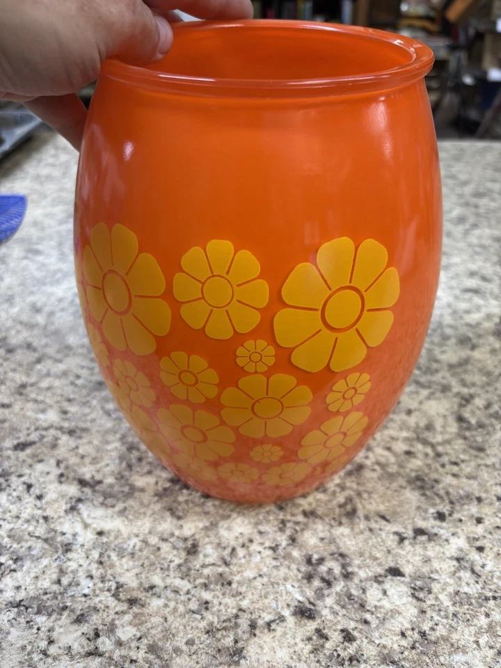 Vintage Midcentury Bartlett Collins Glass Cookie Jar Orange with Yellow Daisies - Image 2 of 4