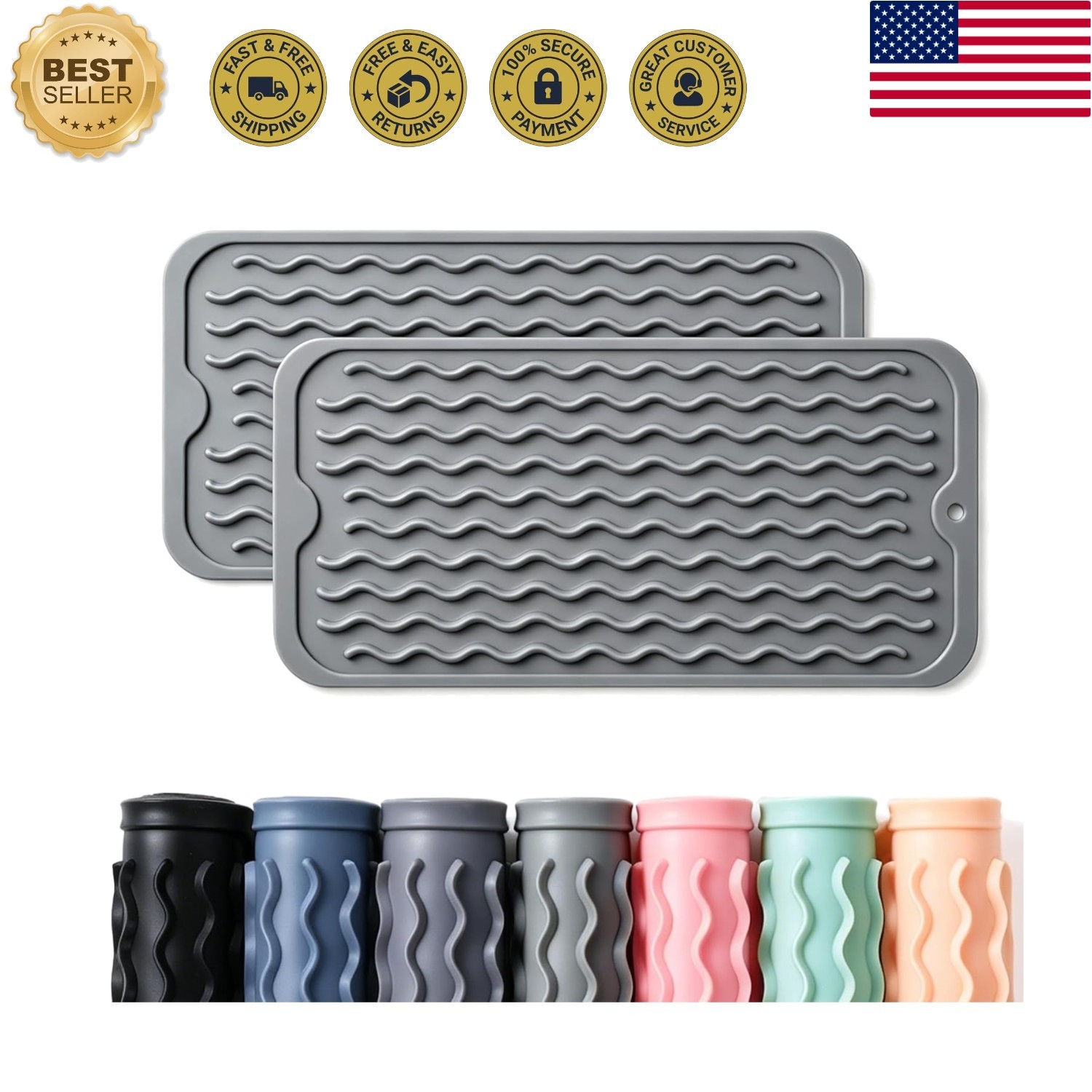 2 Pack Silicone Dish Drying Mat for Kitchen Counter Waterproof Under Sink Nea...
