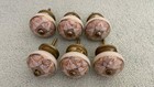Vintage Pink Floral Porcelain Door Knobs Cabinet Knobs Gold Accents, Set of 6