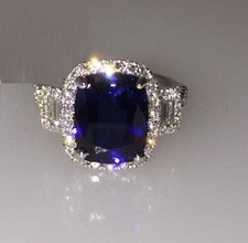 3.20Ct Cushion Cut Lab Created Sapphire Halo Women's Ring 14k White Gold Plated