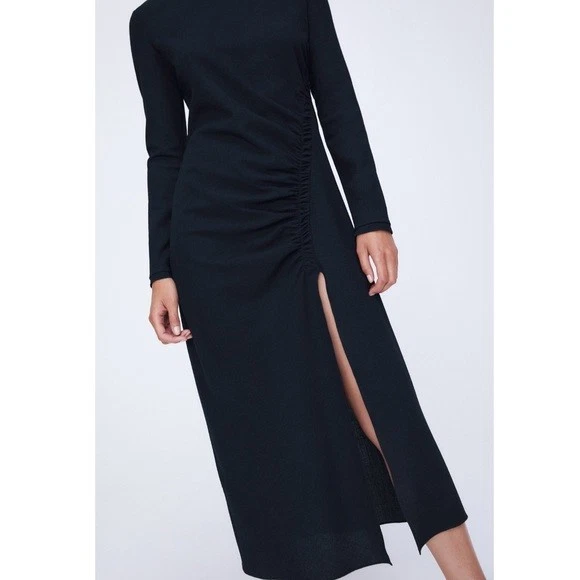 Nuevo Vestido Midi Acanalado Mezcla Lana Zara Talla XL Azul Marino Tejido Elástico Nuevo con Etiquetas $119 Foto 3 de 4