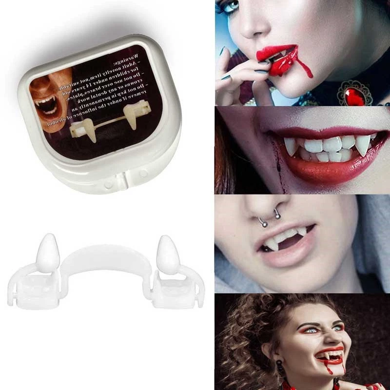 Colmillos de vampiro retráctiles dientes dientes falsos realistas Halloween juegos con disfraces dentaduras postizas Foto 2 de 4