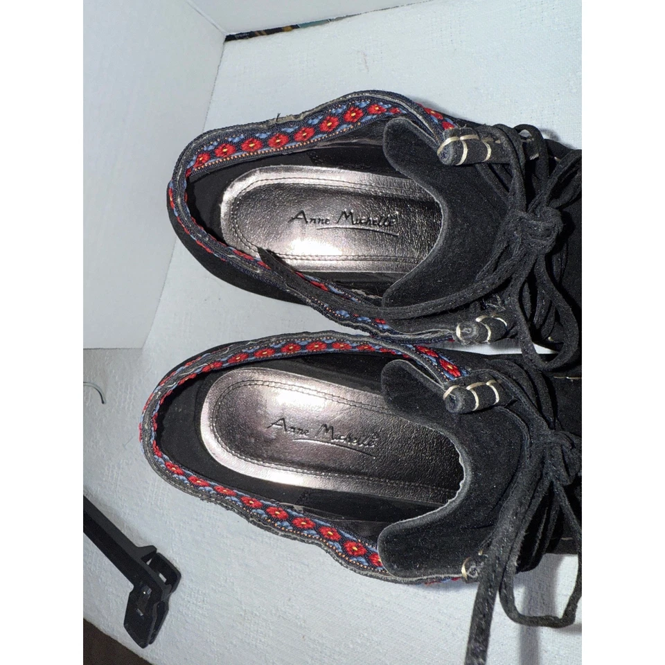 Black Suede Lace Up Ankle Boots Heels Women's Size 10 Colorful Trim - Image 4 of 4