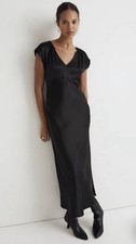 Madewell Wide V-Neck Midi Dress Drapey Satin Black Side Slit Size 0