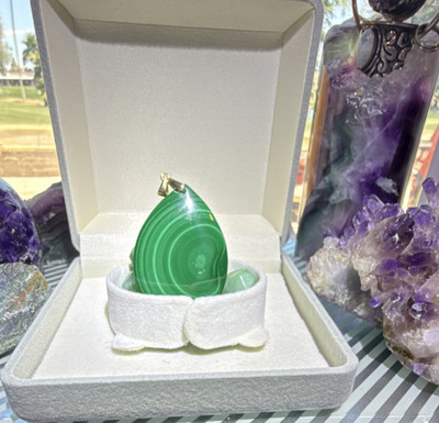 Malachite Green Gemstone Teardrop Pendant with S925 Gold-Tone Bail Bezel Setting