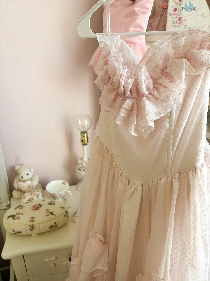 Maxi Vestido Vintage Años 80 Jessica McClintock Gunne Sax Mujer Rosa Punto Suizo Talla 5 Foto 2 de 4