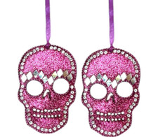 2 Pink Skull Ornament   Calavera Halloween Mexico Day Dead D a de los Muertos