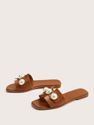 SHEIN Pantoufles avec perles marrons plates 41 neuves