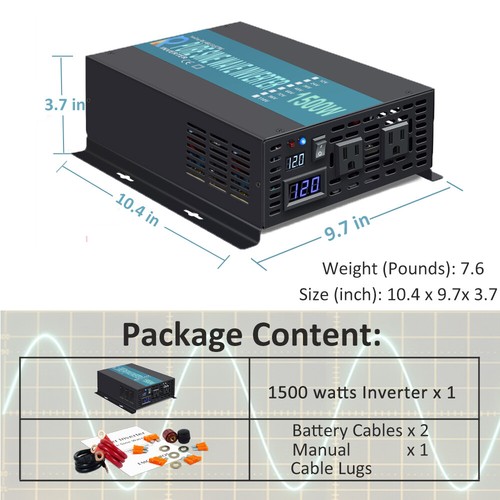 1500W Pure Sine Wave Power Inverter 12V Truck Motor Camp Home Boat RV Car Solar - Picture 6 of 8