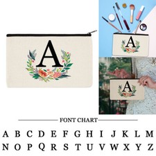 Letter Monogram Initial Canvas Cosmetic Bag Makeup Storage Pouch Zipper Women