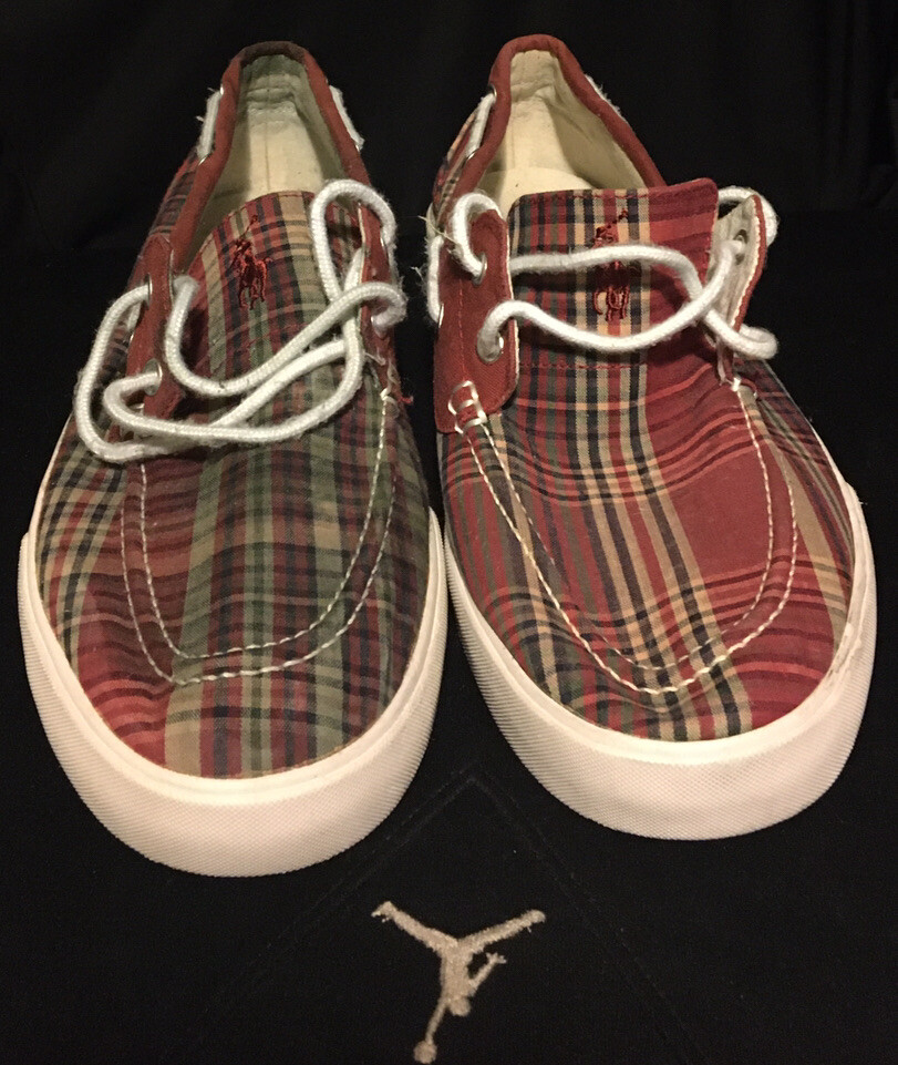 Scarpe da ginnastica Polo Ralph Lauren plaid logo pony uomo barca tela misura 11 5 D