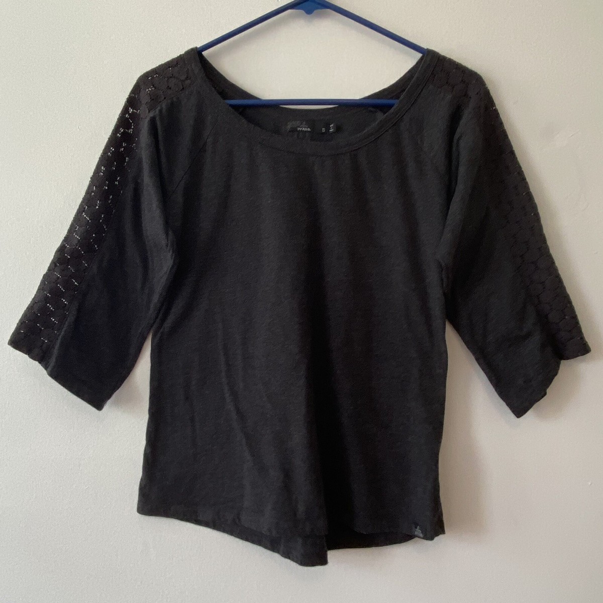Prana Alisana Top Women Small Charcoal Gray 3/4 Sleeve Lace