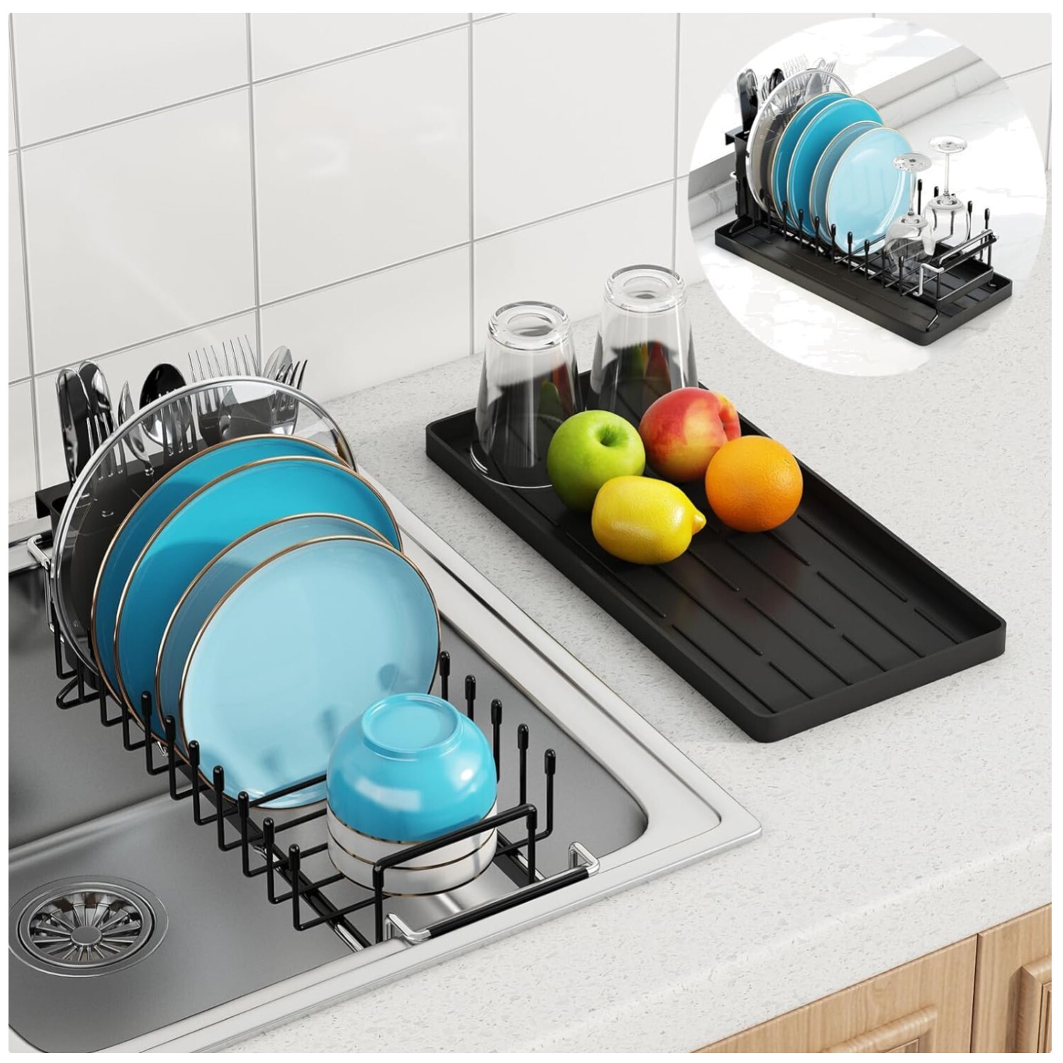Platzsparendes Geschirrabtropfgestell mit Utensilienhalter aus rostfreiem Stahl