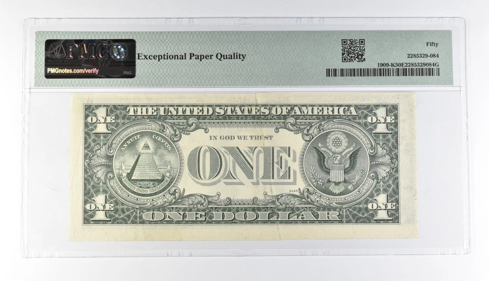 PMG 50 AU EPQ $1 1977 FRN Dallas Fr#1909-K Gutter Fold Error *3184 - Image 2 of 3