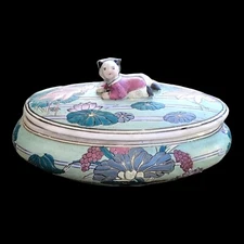 Vintage Chinoiserie Ceramic Signed Hand Painted Oval Lidded Trinke Candy Dish 8"