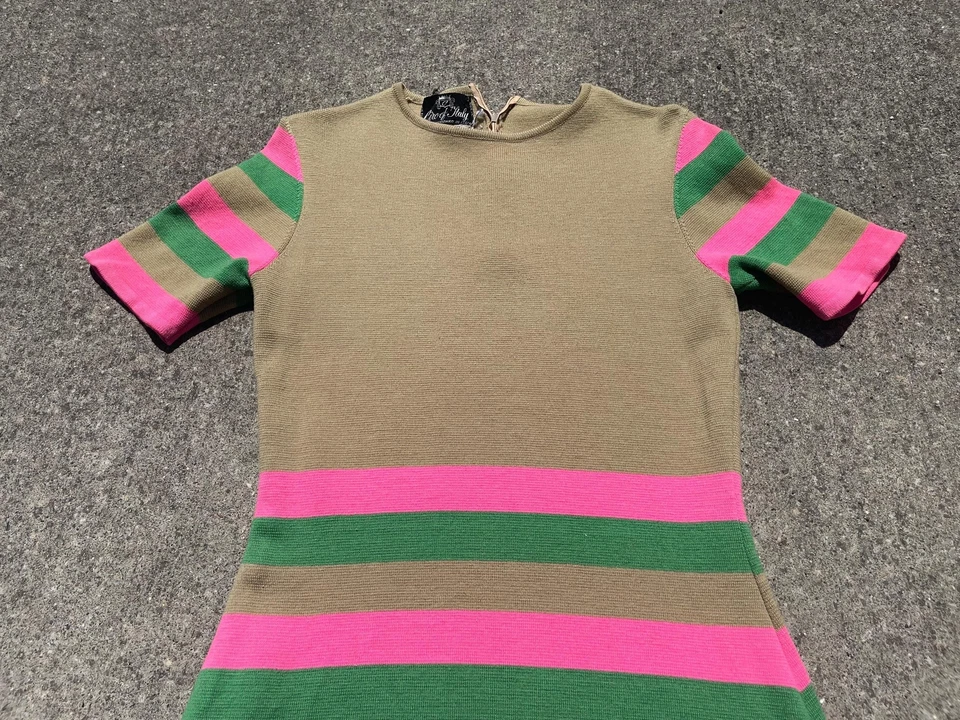 Vestido go go de lana vintage de los años 60 talla S rosa/verde a rayas mod boho hippie grunge Foto 4 de 4