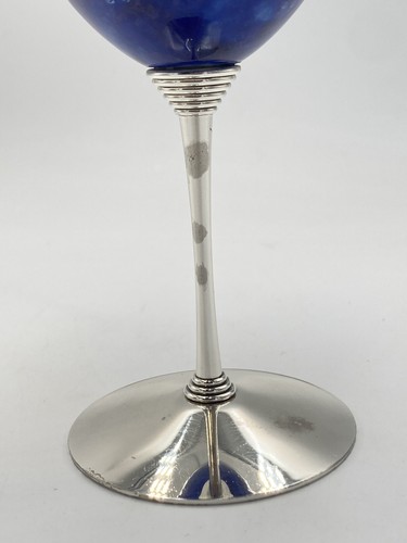 KUTANI Yaki Ware Porcelain Wine Glass Brass Stem Cobalt Blue Floral Cup Japan. - Picture 8 of 10