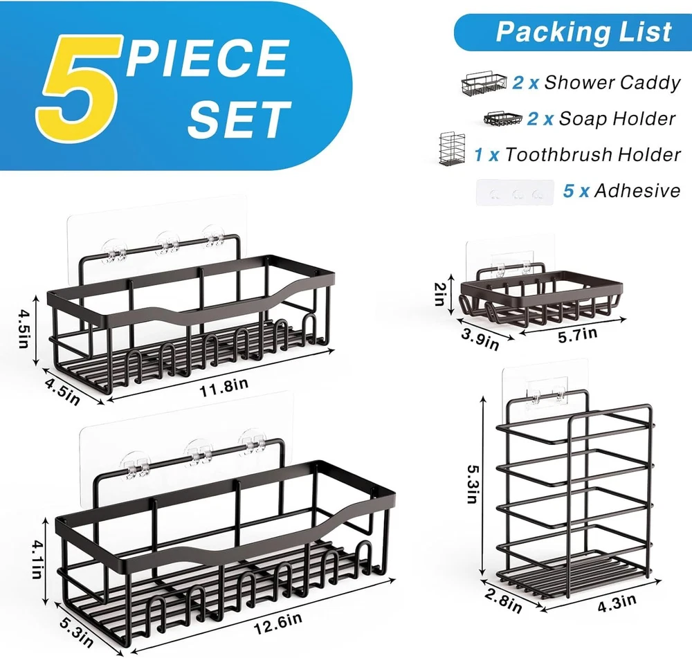 Shower Caddy 5 Pack,Adhesive Organizer for Larger Size, Light Grey