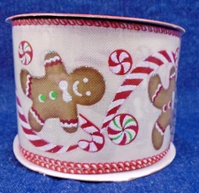 Kurt S. Adler Peppermint Candy Gingerbread Man Wire Edged Ribbon 2.5" x 10yds