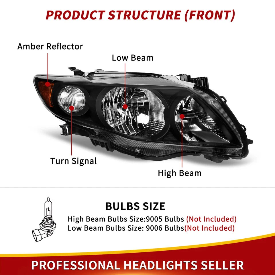 Headlights For 2009 2010 Toyota Corolla BASE LE XLE Black Amber Corner Headlamp - Image 4 of 4