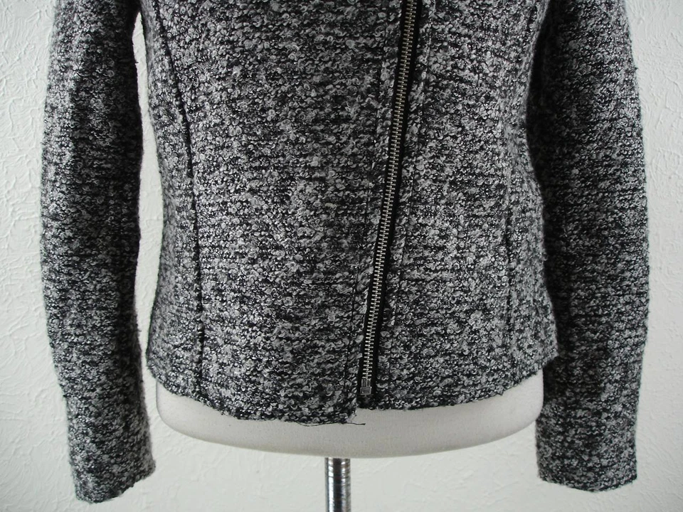 Women's 8 H&M Black Gray Nubby Tweed Suit Jacket Blazer Spot Coat Full-Zip Moto - Image 3 of 4