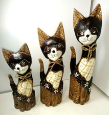 Set of 3 Hand Carved  Painted Wooden Cat Fiqurines
