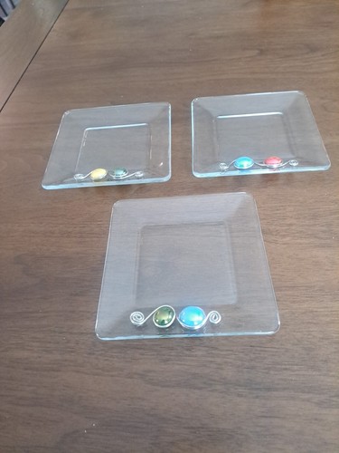 Handmade Clear Glass Square Appetizer Plates Wire & Glass Gems Set Of 3 - Picture 6 of 6