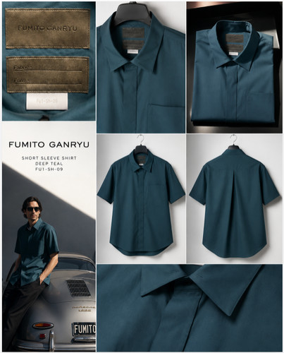 Fumito Ganryu Men's Deep Teal Short Sleeve Shirt Hidden Placket Japan Designer 1
